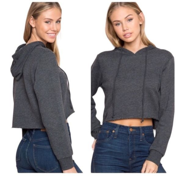 Brandy Melville Cropped Hoodie Pullover‎ Sweater One Size Dark Grey - Picture 1 of 6